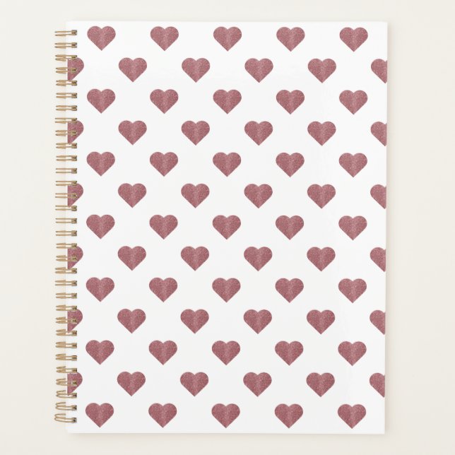 Glitter Rose Gold Hearts White Background Planner (Front)