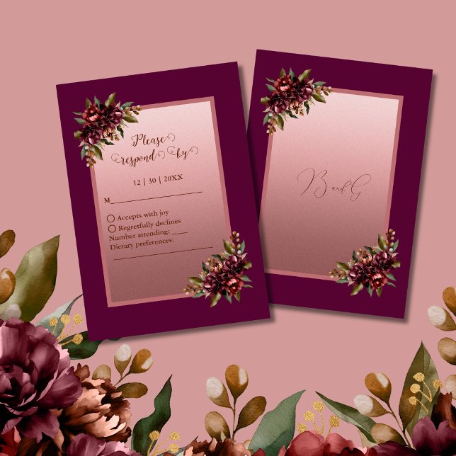 glitter Rose Gold Script - Burgundy floral wedding RSVP Card (Creator Uploaded)