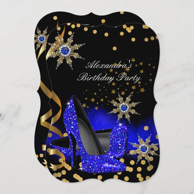 Glitter Royal Blue High Heels Black Birthday Party Invitation (Front/Back)