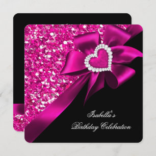 Glitter Royal Hot Pink Heart Bow Black Party Invitation