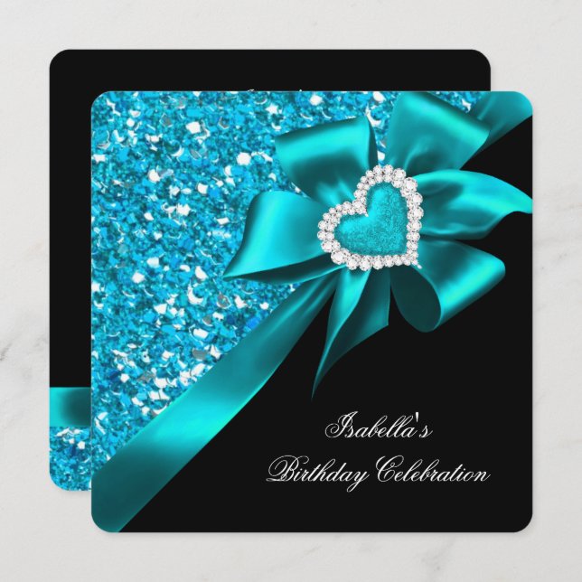 Glitter Royal Teal Blue Heart Bow Black Party Invitation (Front/Back)