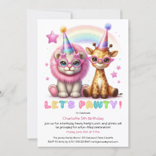 Glitter Safari Birthday Adorable Lion & Giraffe Invitation