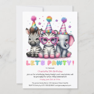 Glitter Safari Birthday party Cute Elephant, zebra Invitation