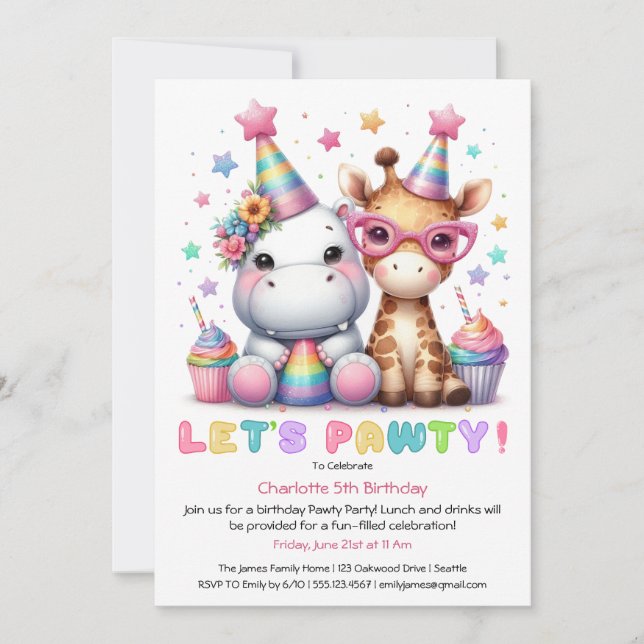 Glitter Safari Birthday party Cute Giraffe & Hippo Invitation (Front)