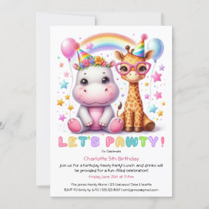 Glitter Safari Birthday party Cute Giraffe & Hippo Invitation