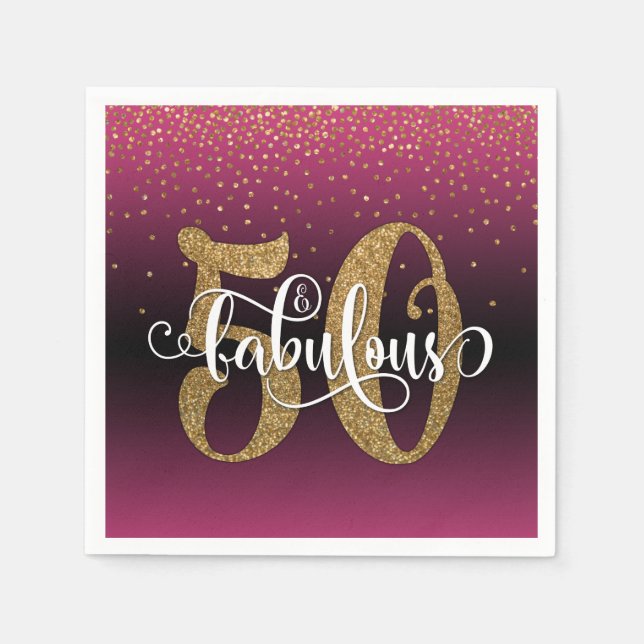 Glitter & Script 50 & Fabulous, Hot Pink Birthday Napkin (Front)