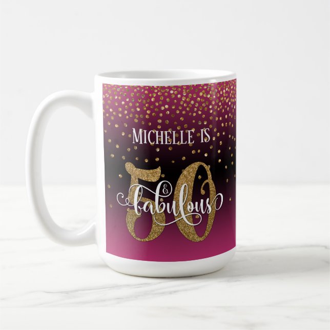 Glitter & Script 50 & Fabulous, Hot Pink Ombre Coffee Mug (Left)