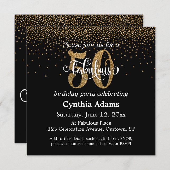 Glitter & Script 50 & Fabulous on Black, Birthday Invitation (Front/Back)