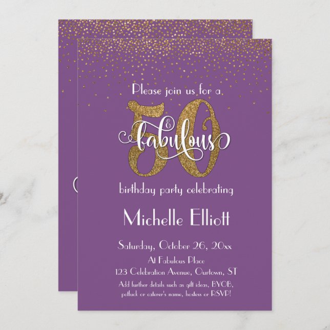 Glitter & Script 50 & Fabulous on Purple, Birthday Invitation (Front/Back)