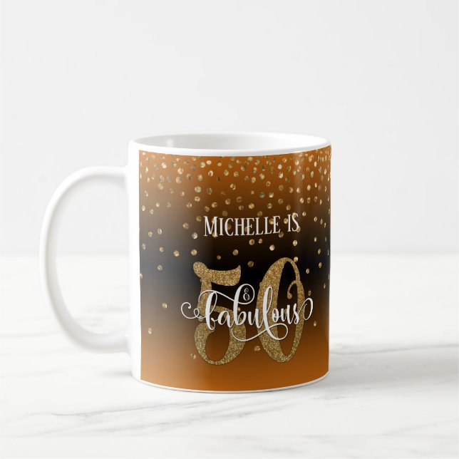 Glitter & Script 50 & Fabulous, Orange Black Ombre Coffee Mug (Left)