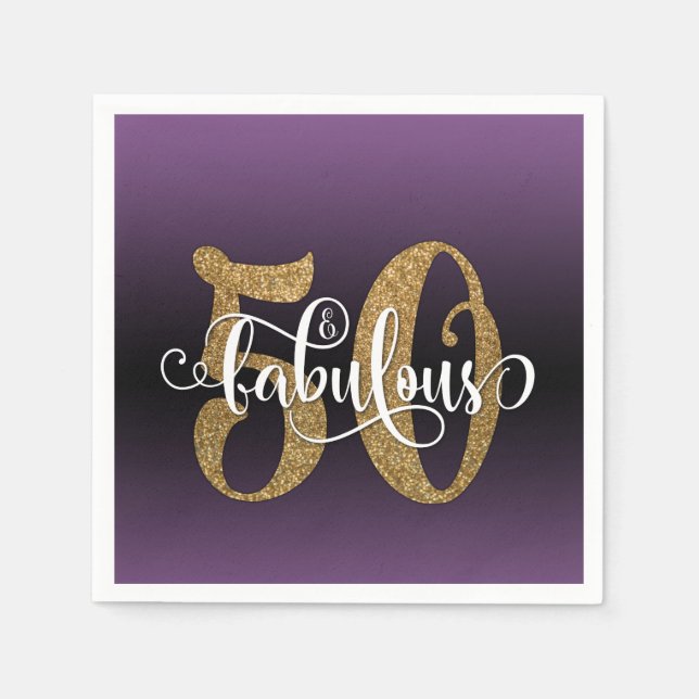 Glitter & Script 50 & Fabulous, Purple Birthday Napkin (Front)