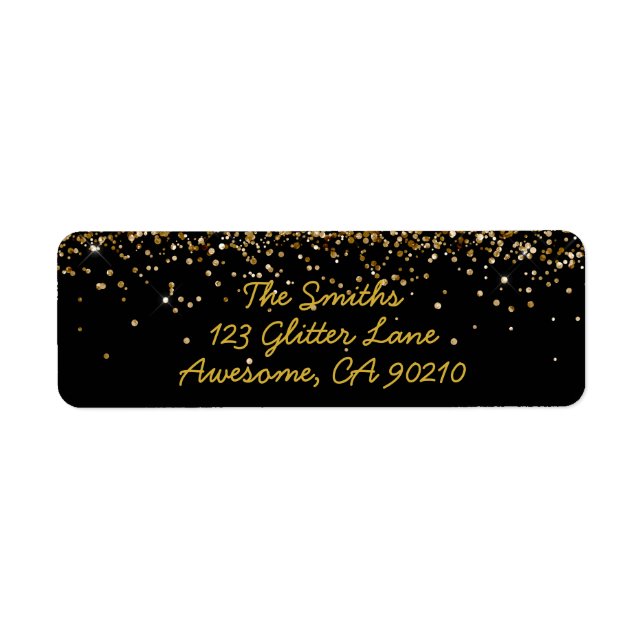 Glitter Script Black & Gold Wedding Return Address Label (Front)