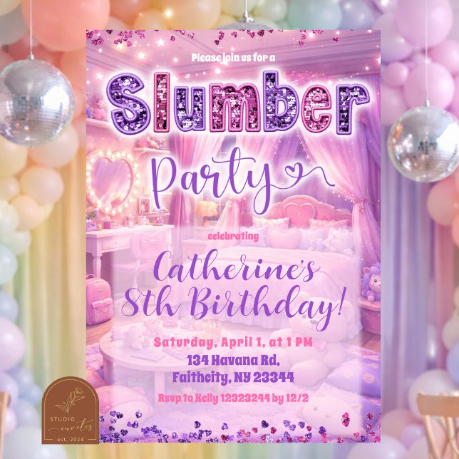 Glitter Sequin Pink Purple Sleepover Party Invitation (Creator Uploaded)