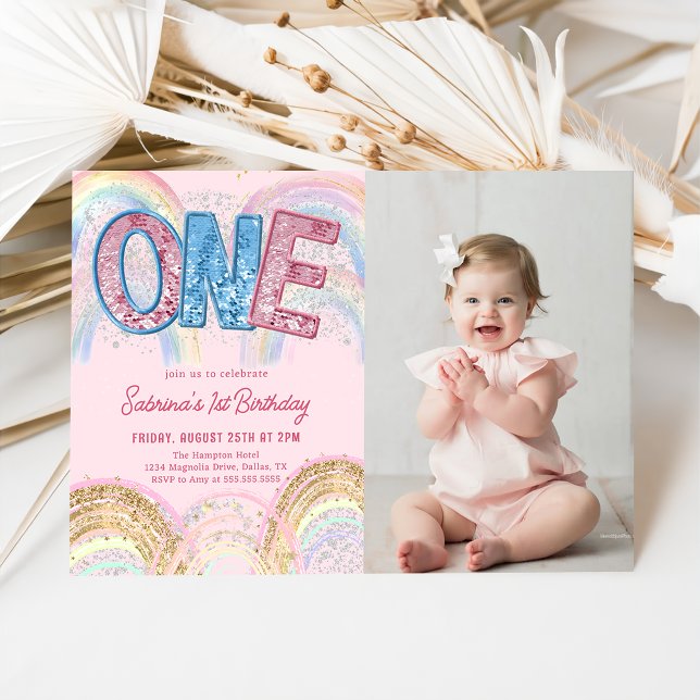 Glitter Sequin Rainbow 1st Birthday Photo Invitation (Creator Uploaded)