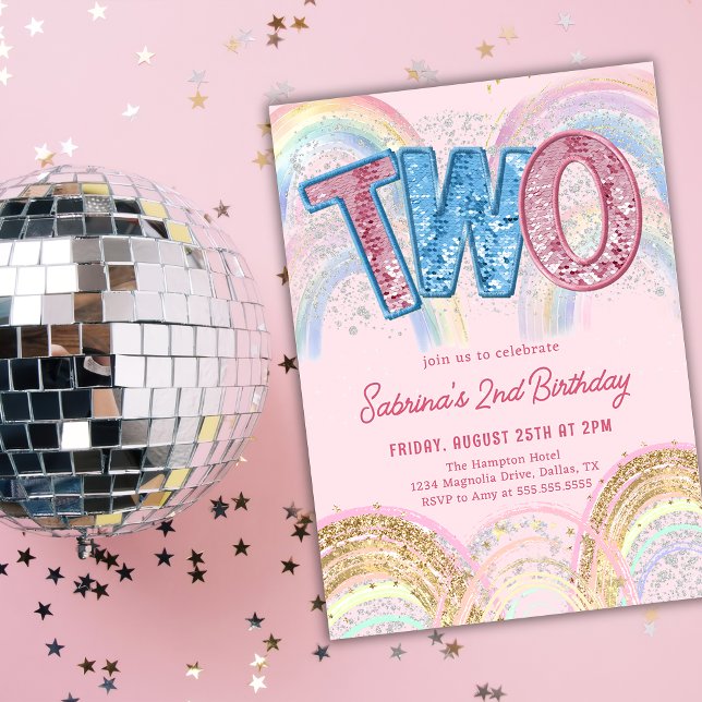 Glitter Sequin Rainbow 2nd Birthday Invitation (Creator Uploaded)