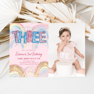 Glitter Sequin Rainbow 3rd Birthday Photo Invitation