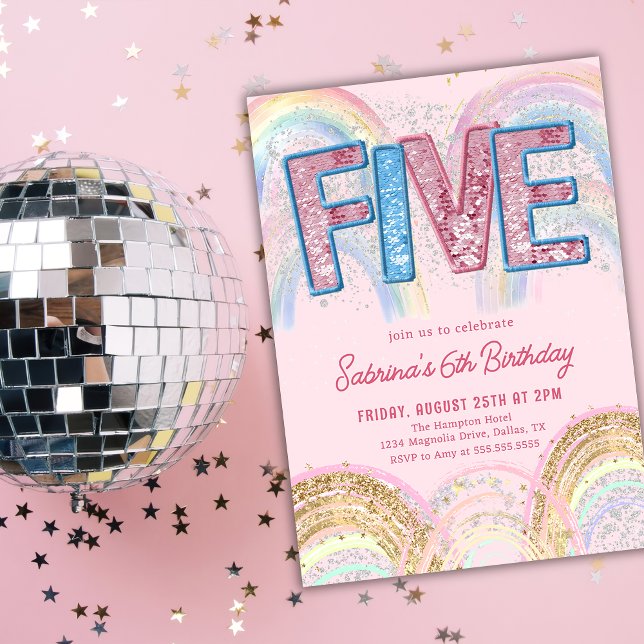 Glitter Sequin Rainbow 5th Birthday Invitation (Creator Uploaded)