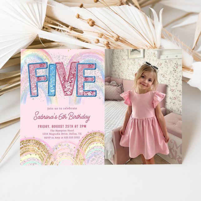 Glitter Sequin Rainbow 5th Birthday Photo Invitation (Creator Uploaded)