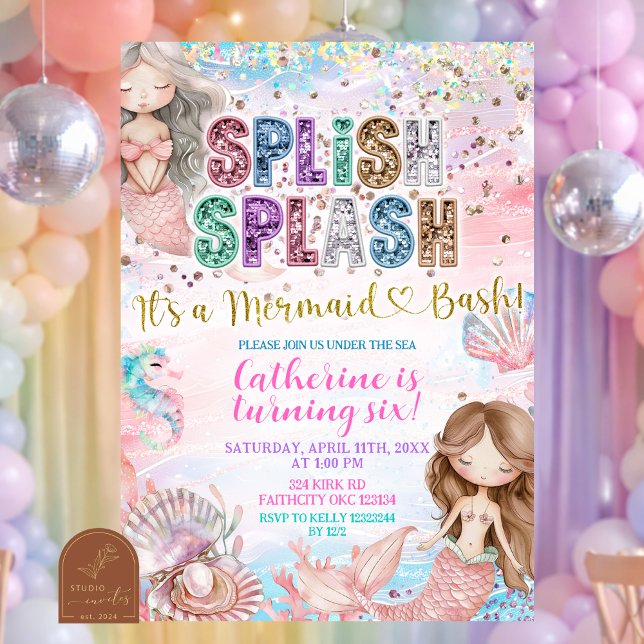 Glitter Sequin Splish Splash mermaid bash invitati Invitation (Creator Uploaded)