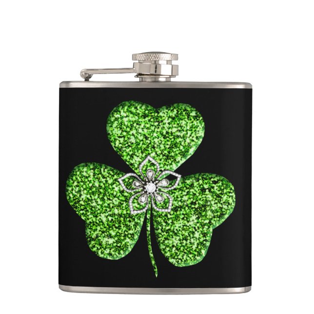 Glitter Shamrock And Flower Flask (Front)