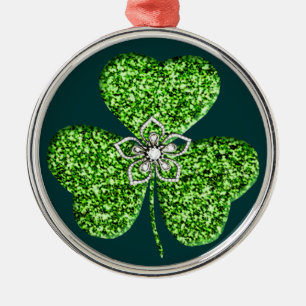 Glitter Shamrock And Flower Round Ornament