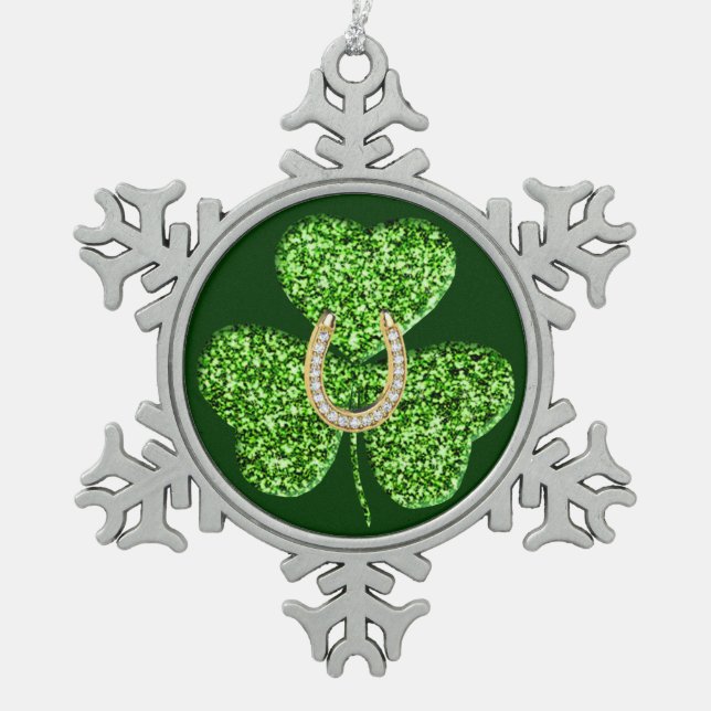 Glitter Shamrock And Horseshoe Snowflake Ornament (Front)