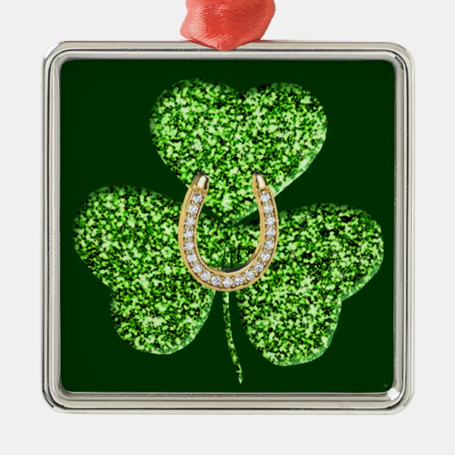 Glitter Shamrock And Horseshoe Square Ornament (Front)