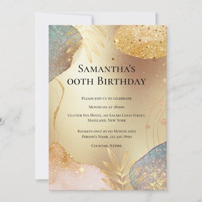 Glitter shapes gold leaf copper blue abstract invitation (Front)