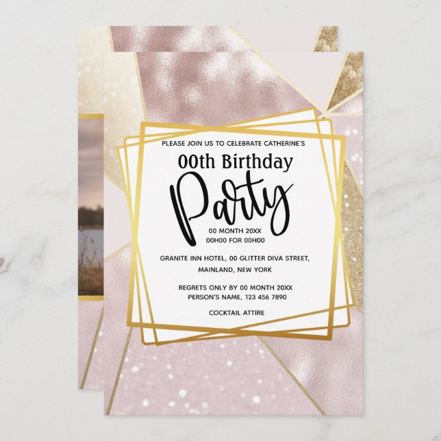 Glitter shimmer rose pink gold geometric party invitation (Front/Back)