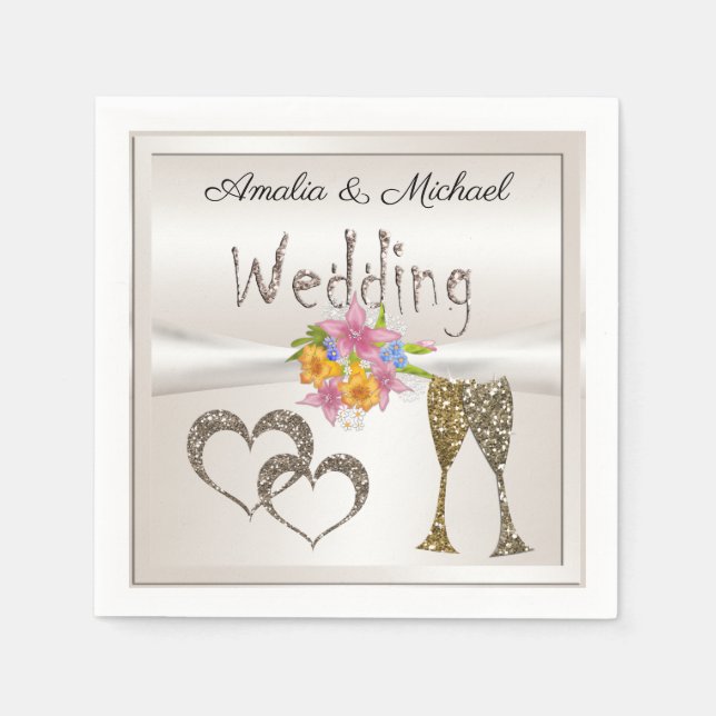 Glitter shine sequin glasses champagne hearts pers napkin (Front)