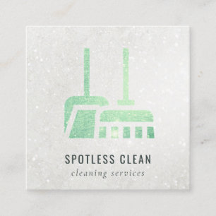 Glitter Shiny Neon Green Broom Cleaning Service Square Business Card