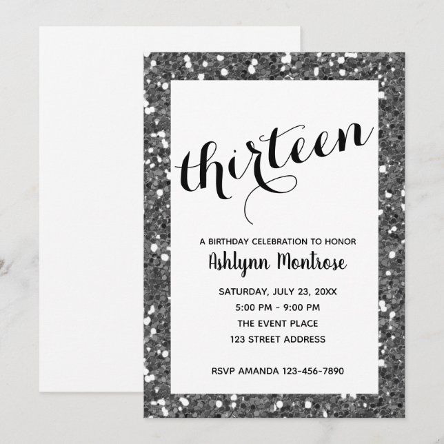 Glitter Silver 13th Birthday Invitation (Front/Back)
