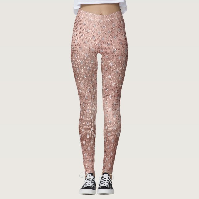 Glitter Silver Brush Dots Pink Rose Gold Sparkly Leggings (Front)