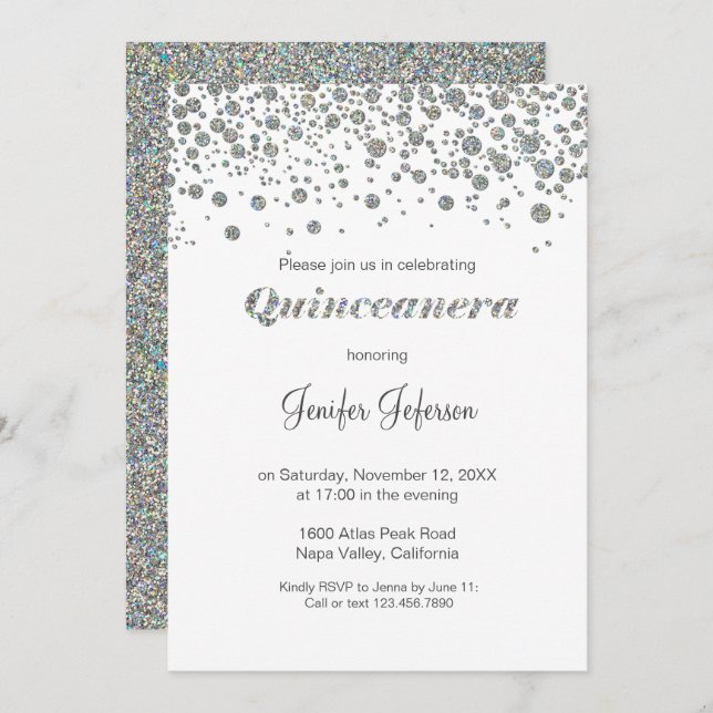 Glitter silver confetti Quinceanera Invitation (Front/Back)