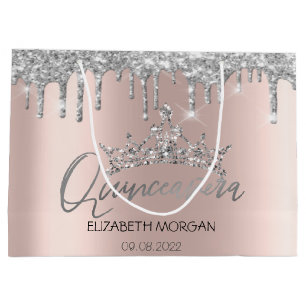 Glitter Silver Drips Rose Gold Tiara Quinceañera Large Gift Bag