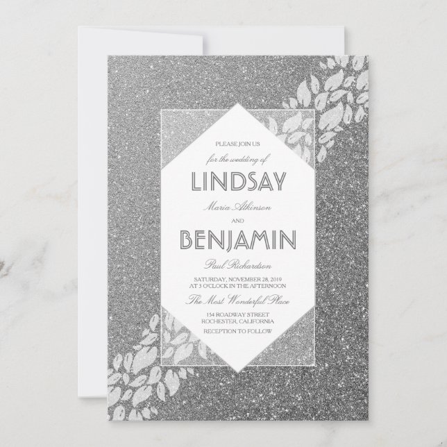 Glitter Silver Elegant Vintage Fab Wedding Invitation (Front)