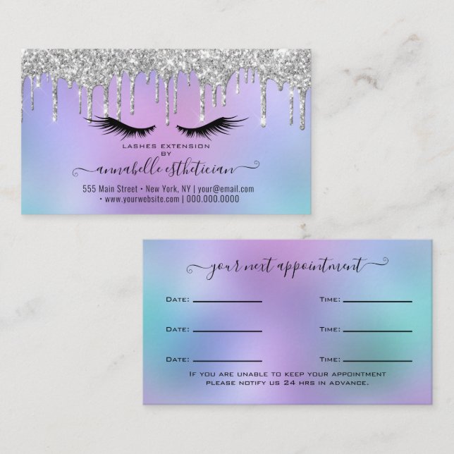 Glitter Silver Eyelash Extension Appointment  Business Card (Front/Back)