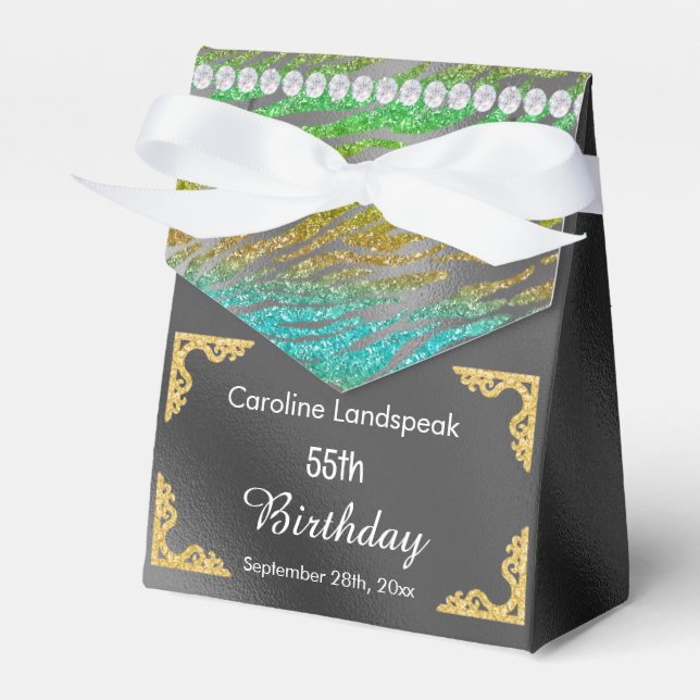 Glitter Silver Foil Teal Zebra Print Birthday Favour Box (Front Side)
