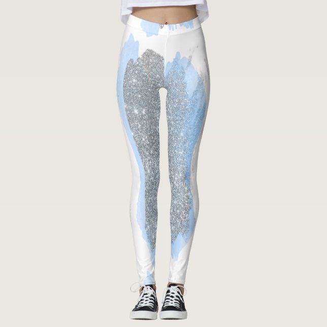 Glitter Silver Grey Blue Brushes Strokes Sparkly Leggings (Front)