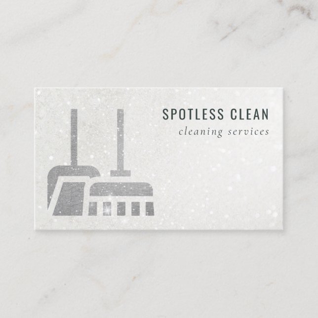 Glitter Silver Grey Shiny Broom Cleaning Service Business Card (Front)