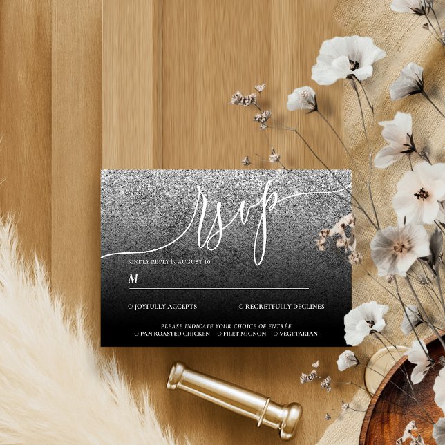 Glitter Silver Modern Wedding Calligraphy RSVP Card (Creator Uploaded)