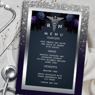  Glitter Silver Navy Blue Florals Menu Medical  Invitation