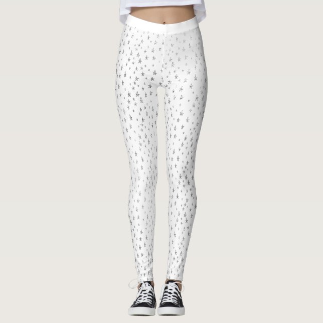 Glitter Silver Small Stars White Delicate Sparkly Leggings (Front)