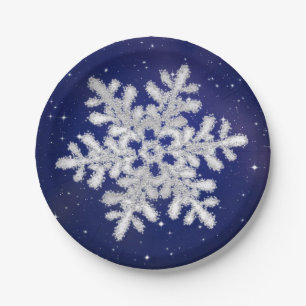 Glitter silver snowflake on night sky Paper Plate