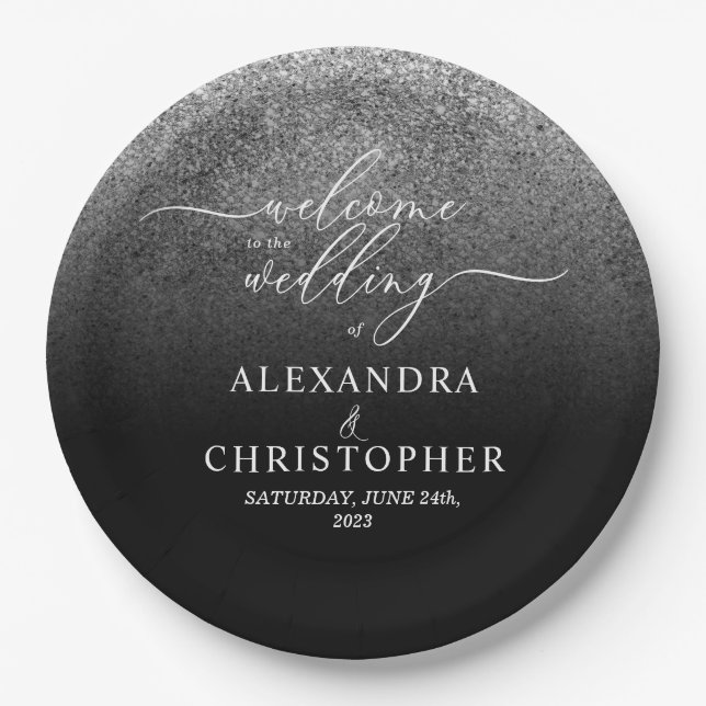 Glitter Silver Sparkle Welcome to wedding set Paper Plate (Front)