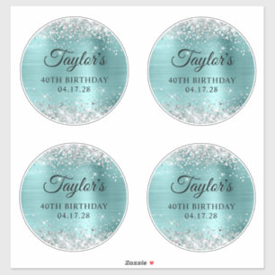 Glitter Silver & Turquoise 40th Birthday 6" Circle