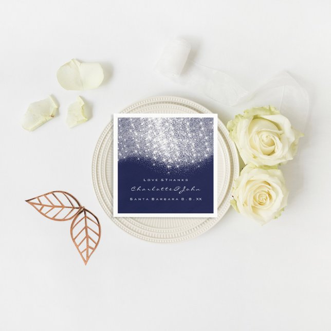 Glitter Silver WhiteBlue Navy White Thank You Name Napkin (Glitter Silver WhiteBlue Navy White Thank You Name Paper Napkins)