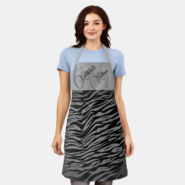 Glitter Silver Zebra Print on Black Personalised Apron (Worn)