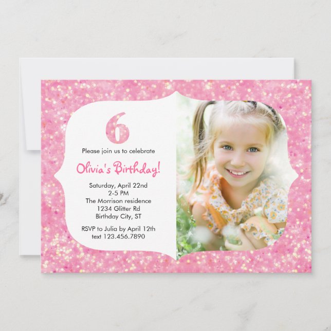 Glitter Sixth Birthday Invitation (Front)