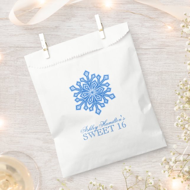 Glitter Snowflake Blue Sweet 16 Winter Wonderland Favour Bag (Clipped)